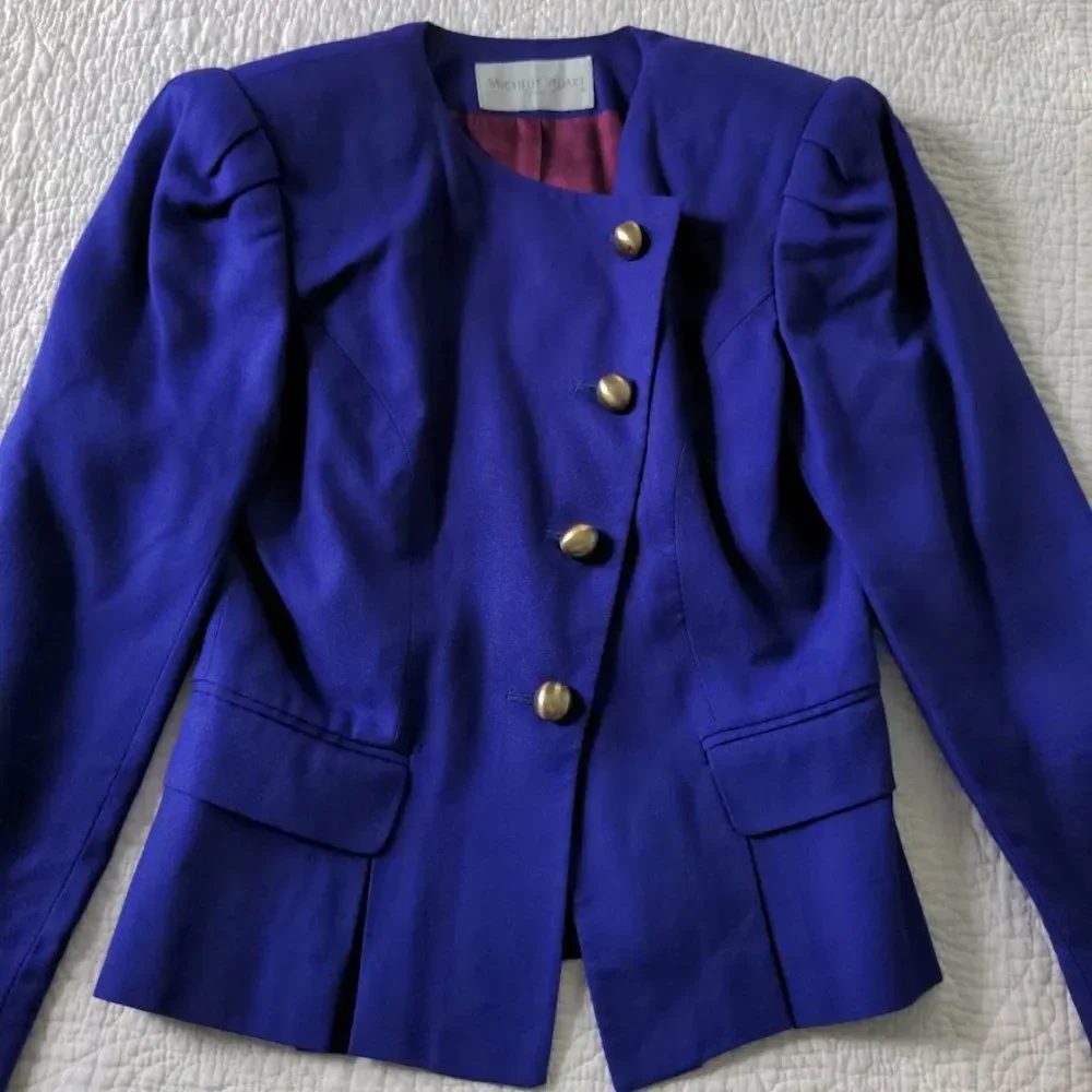 Vintage 80s Michelle Stuart Blazer Purple Gold Button Corpcore Size 8P